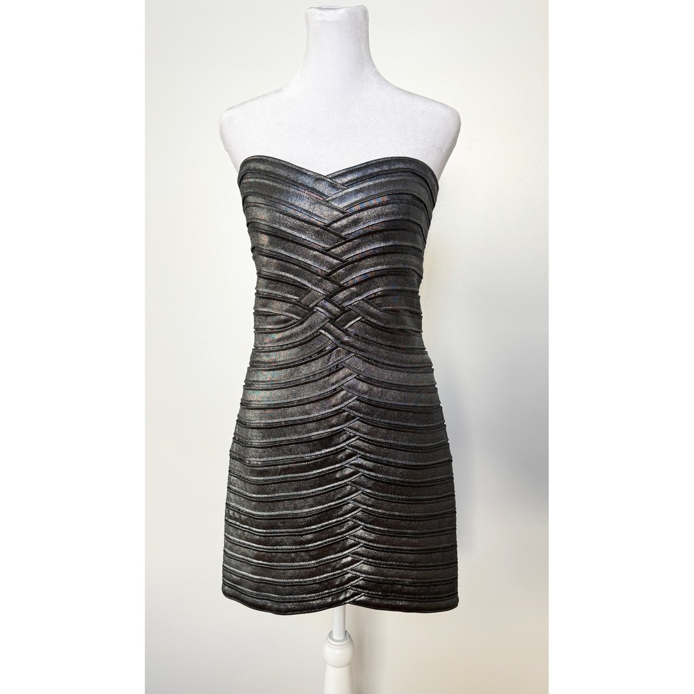 BCBGMAXAZRIA Metallic Bandage Strapless Bodycon Mini Dress Silver Black Medium - Picture 2 of 8